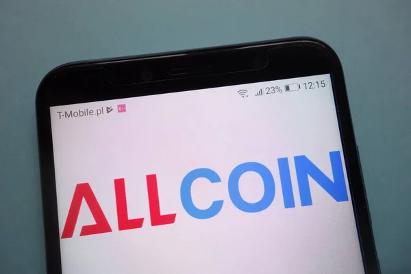 Konskie, polen - 03. November 2018: allcoin Kryptowährungsumtausch logo auf smartphone — Stockbild Konskie Polen November 2018 Allcoin Kryptowährungsumtausch Logo Auf Smartphone — Stockfoto