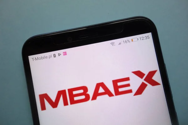 Konskie Poland November 2018 Mbaex Cryptocurrency Exchange Logo Smartphone — Stock Photo, Image