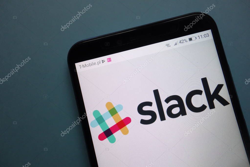 KONSKIE, POLAND - November 03, 2018: Slack logo on smartphone