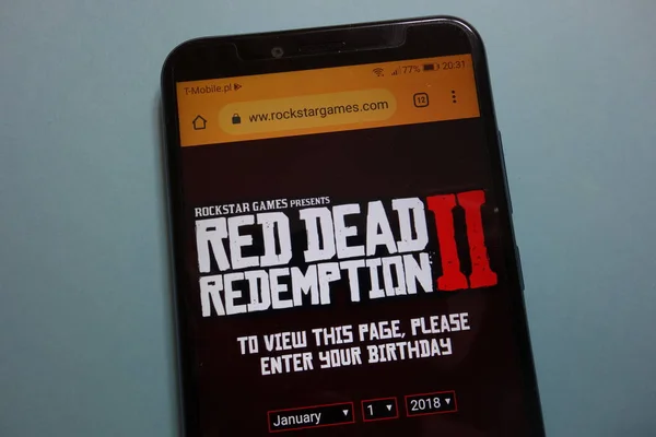 ロックスター ゲームがスマート フォンに表示されるウェブサイトの Red Dead ゲームを提示 Konskie ポーランド 2018 — ストック写真