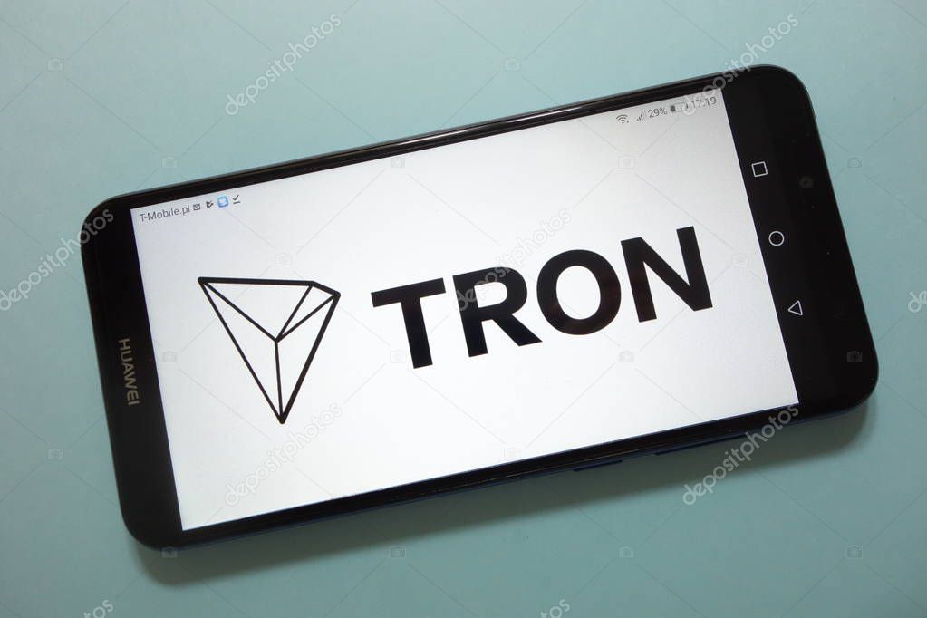 KONSKIE, POLAND - November 17, 2018: TRON (TRX) cryptocurrency logo displayed on smartphone