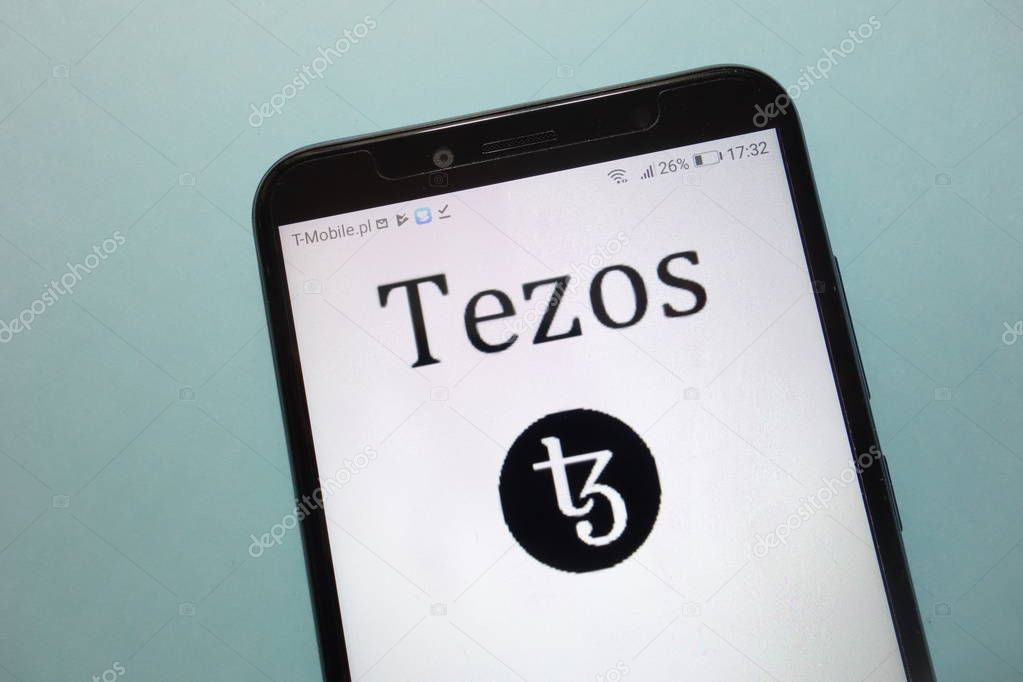 KONSKIE, POLAND - November 17, 2018: Tezos (XTZ) cryptocurrency logo displayed on smartphone