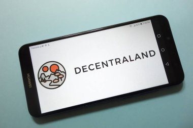 KONSKIE, POLAND - November 17, 2018: Decentraland (MANA) cryptocurrency logo displayed on smartphone clipart