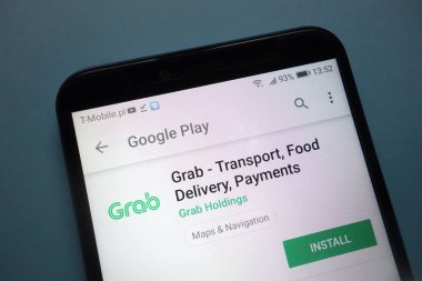 Konskie, Polonya - 25 Kasım 2018: Grab app smartphone üzerinde görüntülenen Google oyun web sitesinde