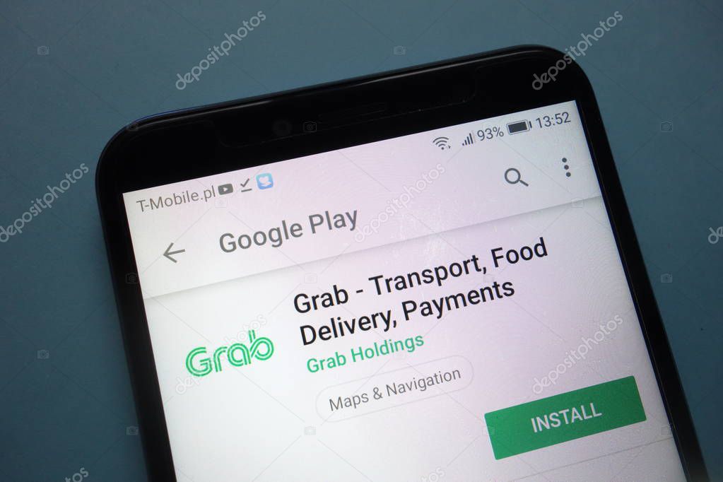 KONSKIE, POLAND - November 25, 2018: Grab app on Google Play website displayed on smartphone