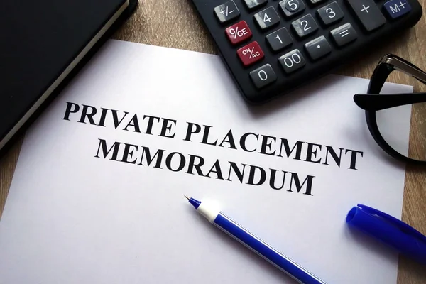 Private Placement Memorandum Document Pen Glasses Calculator Desk — Stock Photo, Image