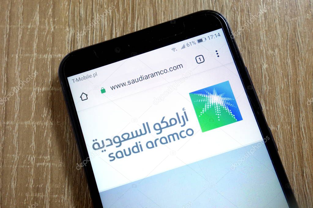 KONSKIE, POLAND - January 10, 2019: Saudi Aramco (Saudi Arabian Oil Company) website (www.saudiaramco.com) displayed on smartphone