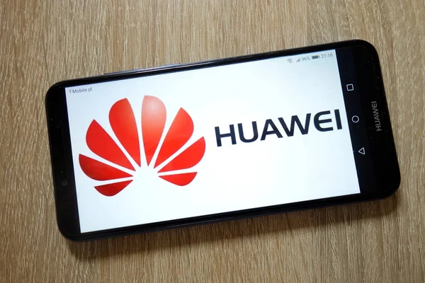Konskie Polonia Enero 2019 Logotipo Huawei Muestra Teléfono Inteligente Huawei —  Fotos de Stock