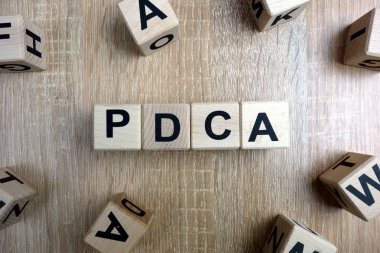PDCA kelime masa ahşap blok ötede planı kontrol Yasası kavramı