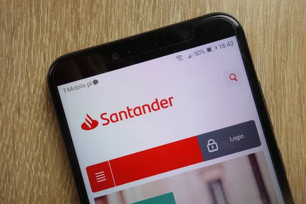 Konskie Polonya Ocak 2019 Smartphone Üzerinde Görüntülenen Santander Banka Web — Stok fotoğraf