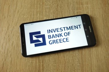 Konskie, Polonya - 22 Şubat 2019: Yatırım Bankası Yunanistan logosunun smartphone üzerinde görüntülenen