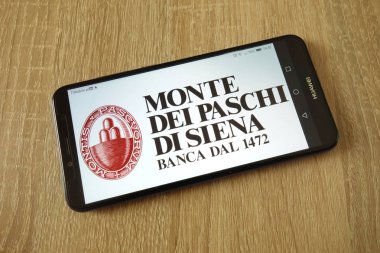 KONSKIE, POLAND - February 23, 2019: Banca Monte dei Paschi di Siena S.p.A. logo displayed on smartphone clipart