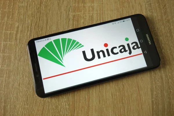 Konskie Polonia Marzo 2019 Logotipo Unicaja Aparece Teléfono Inteligente — Foto de Stock