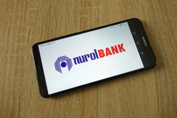 Konskie Pologne Mars 2019 Affichage Logo Nurol Bank Sur Smartphone — Photo
