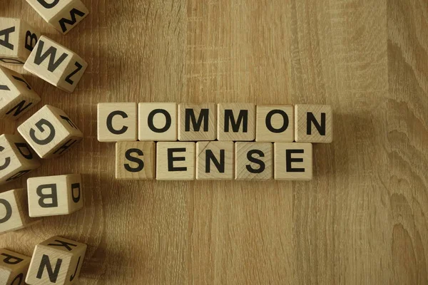 Common sense text from wooden blocks on desk