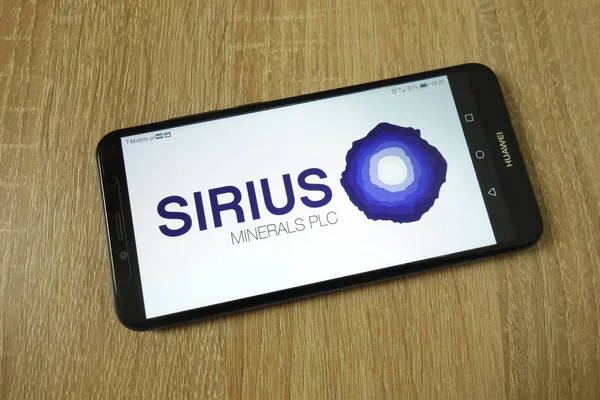 stock image KONSKIE, POLAND - June 11, 2019: Sirius Minerals plc company logo on mobile phone