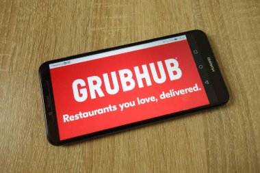 Konskie, Polonya - 11 Haziran 2019: Cep telefonunda Grubhub Inc şirket logosu