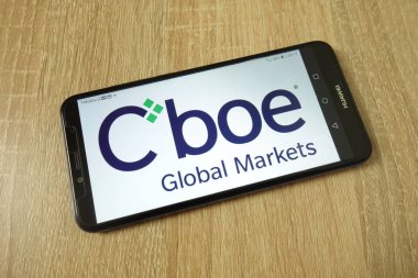 Konskie, Polonya - 21 Haziran 2019: Cep telefonunda Cboe Global Markets şirket logosu