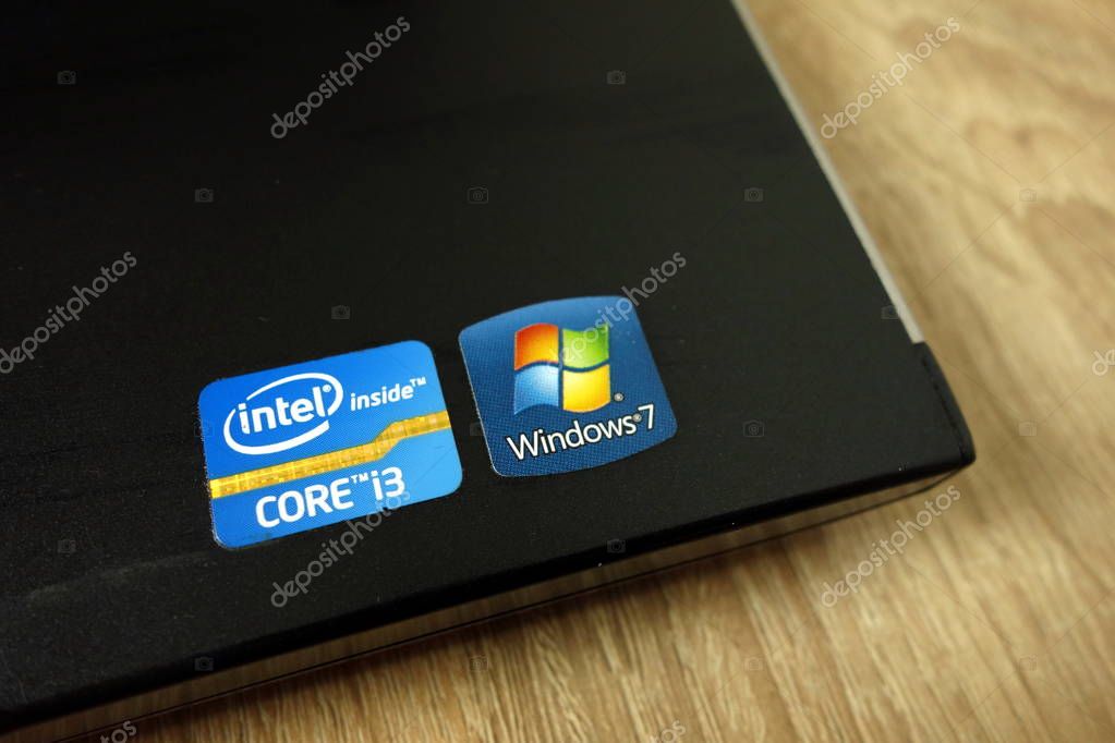 KONSKIE, POLAND - June 21, 2019: Intel Core i3 and Windows 7 sticker on laptop, closeup