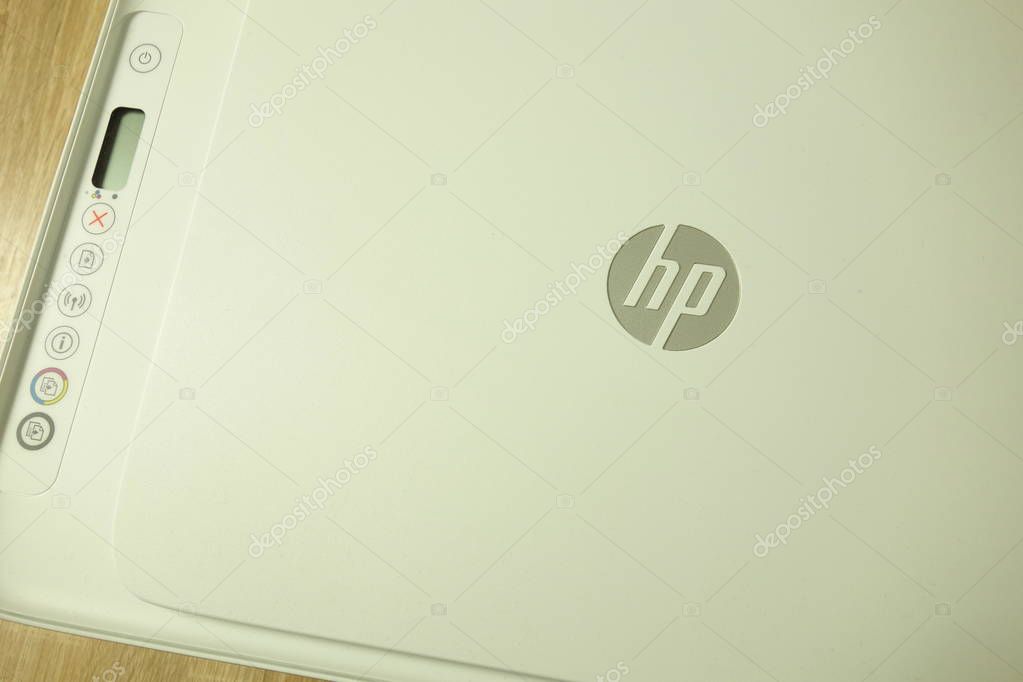 KONSKIE, POLAND - June 21, 2019: HP logo on new printer