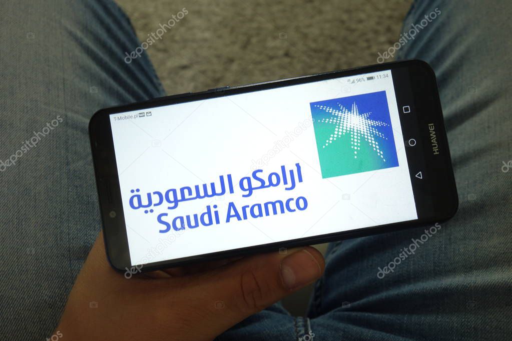 KONSKIE, POLAND - June 29, 2019: Saudi Aramco logo displayed on mobile phone
