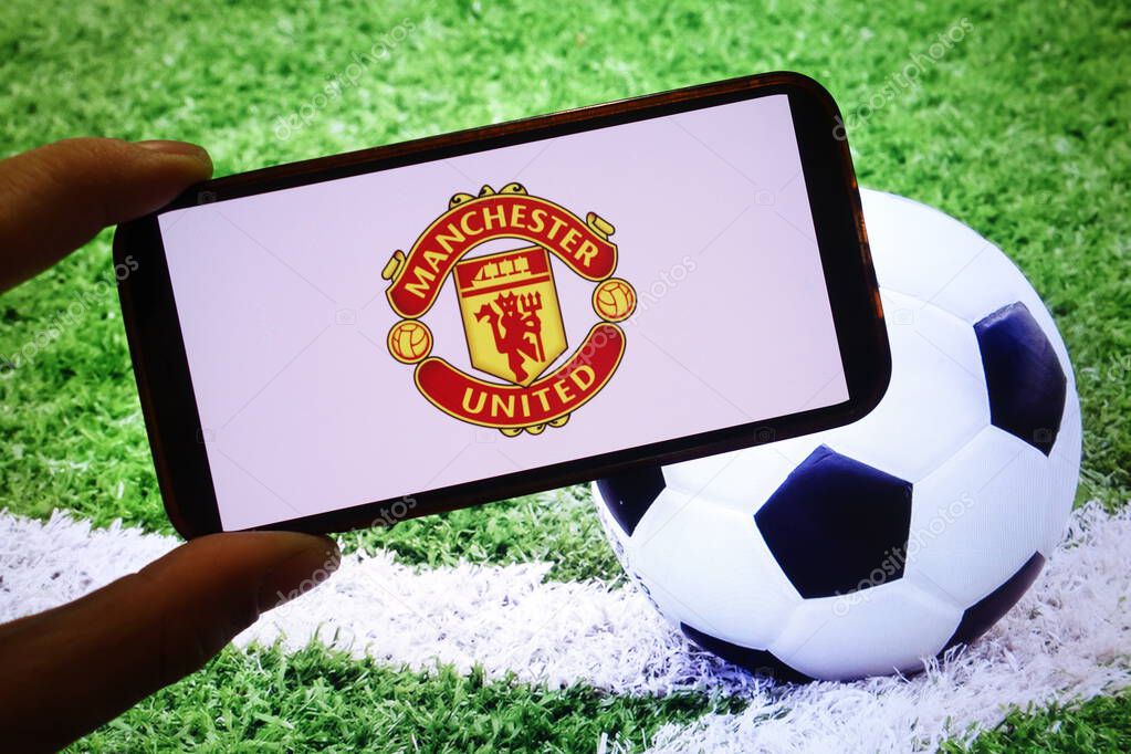 Konskie, Poland - September 15, 2025: Manchester United club logo displayed on mobile phone