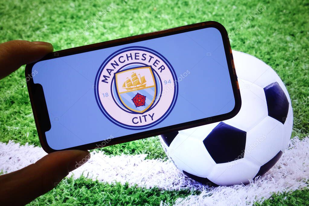Konskie, Poland - September 15, 2025: Manchester City club logo displayed on mobile phone