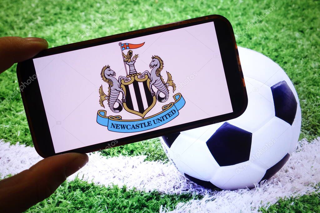 Konskie, Poland - September 15, 2025: Newcastle United F.C. club logo displayed on mobile phone