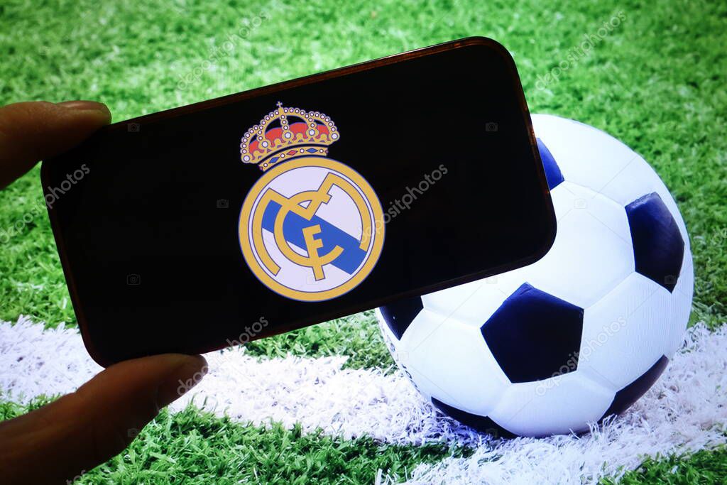 Konskie, Poland - September 15, 2025: Real Madrid CF club logo displayed on mobile phone