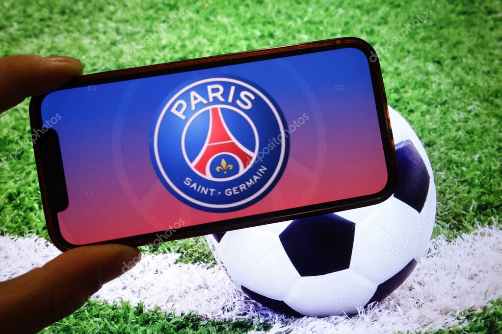 Konskie, Poland - September 15, 2025: Paris Saint-Germain FC club logo displayed on mobile phone