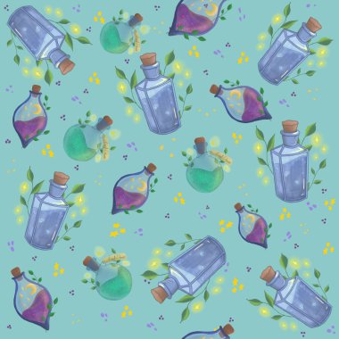   Açık mavi arka planda, çeşitli sihirli kavanozlarda kusursuz desen.