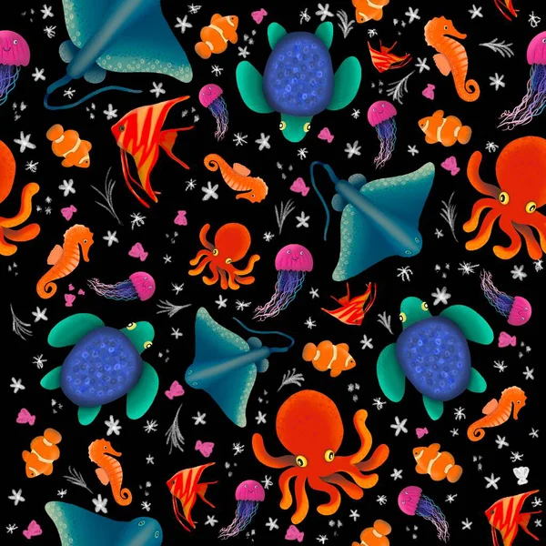   Denizcilik temalı siyah bir arkaplanda kusursuz desen