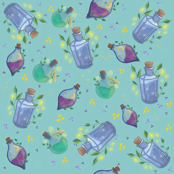   Açık mavi arka planda, çeşitli sihirli kavanozlarda kusursuz desen.