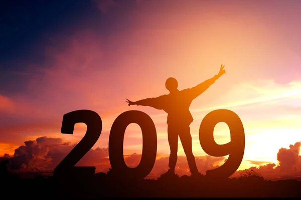 Genç Adam Için 2019 Yeni Yıl Happy Siluet — Stok fotoğraf