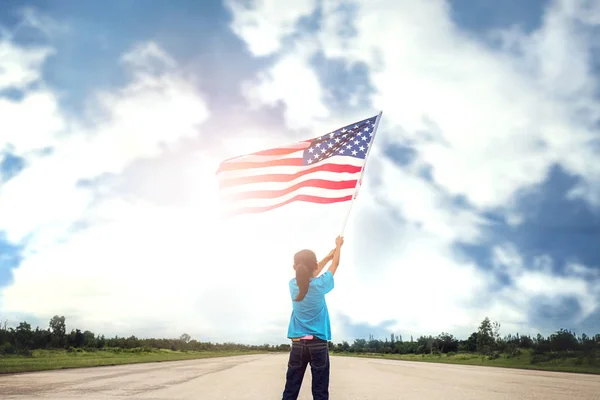 Happy Kid Little Child Standing American Flag Usa Celebrate 4Th — Stock Photo, Image