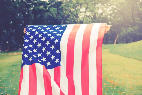 Happy Kid Little Child Running American Flag Usa Celebrate 4Th — Stock Photo, Image