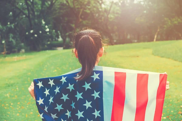 Happy Kid Little Child Running American Flag Usa Celebrate 4Th — Stock Photo, Image