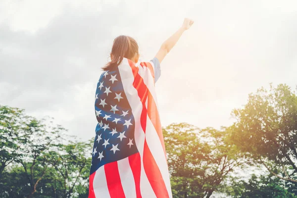 Happy Kid Little Child Standing American Flag Usa Celebrate 4Th — Stock Photo, Image