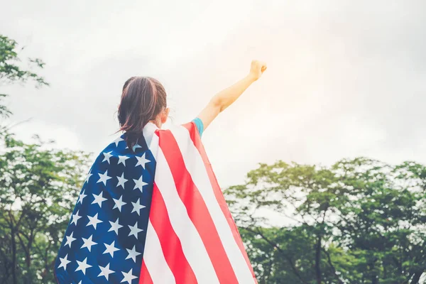 Happy Kid Little Child Standing American Flag Usa Celebrate 4Th — Stock Photo, Image