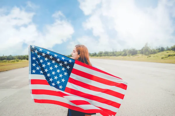 Happy Woman Standing American Flag Patriotic Holiday Usa Celebrate 4Th — Stock Photo, Image