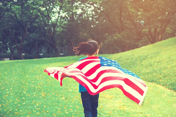 Happy Kid Little Child Running American Flag Usa Celebrate 4Th — Stock Photo, Image