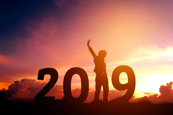 Genç Adam Için 2019 Yeni Yıl Happy Siluet — Stok fotoğraf