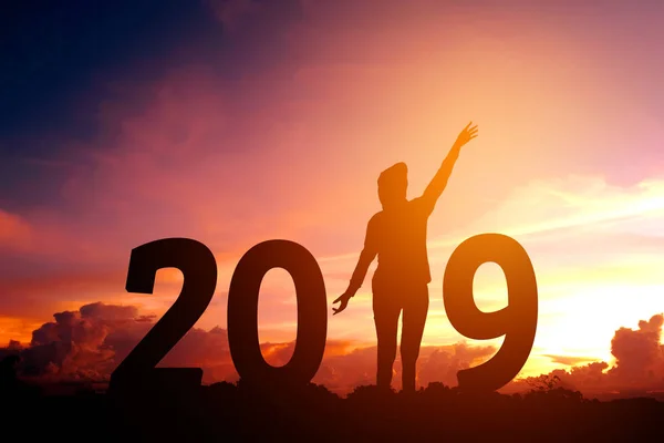 Genç Kadın Için 2019 Yeni Yıl Happy Siluet — Stok fotoğraf