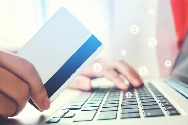 Internetbank Affärsman Använder Laptop Med Kreditkort Fintech Och Blockchain Koncept — Stockfoto