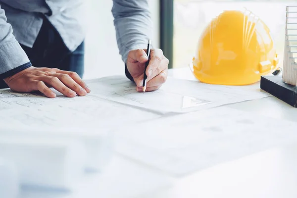 Architect Engineer Working Office Blueprint Architects Workplace — Stock Photo, Image