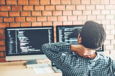 Gelişmekte olan programcı geliştirme web sitesi tasarımı rahatlatıcı ve teknolojileri yazılım şirket ofisinde çalışan kodlama