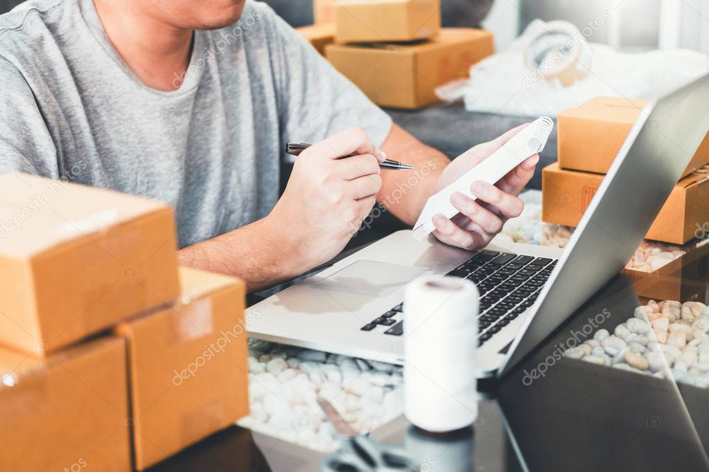 SME freelance man working with packaging startup entrepreneur sm