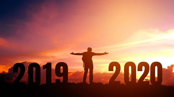 2020 Nieuwjaar silhouet jonge man vrijheid en Happy New Year co — Stockfoto