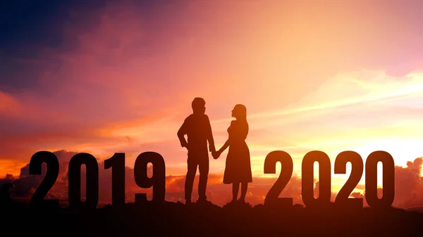 2020 Newyear siluet genç romantik yeni Evet için mutlu çift — Stok fotoğraf