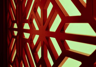 Spa merkezinde soyut kırmızı vitray pencere. Çiçek deseni mozaik cam.